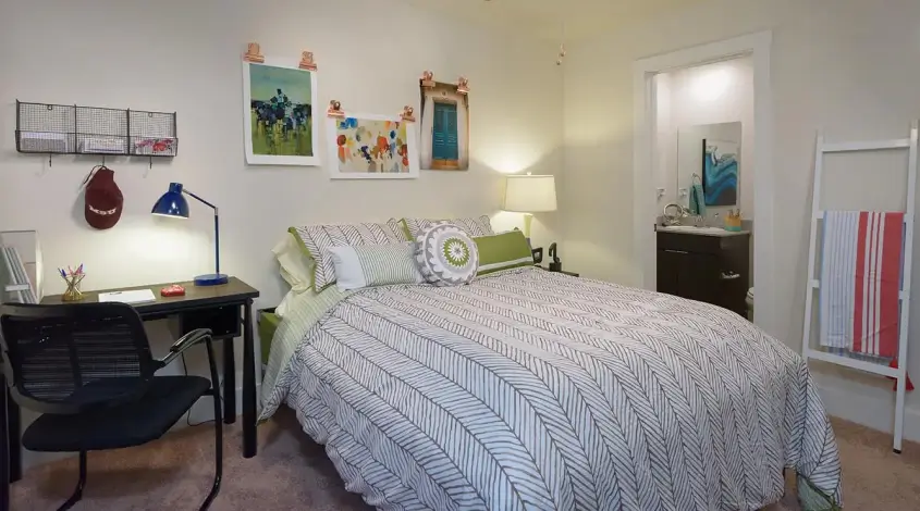a furnished student apartment bedroom